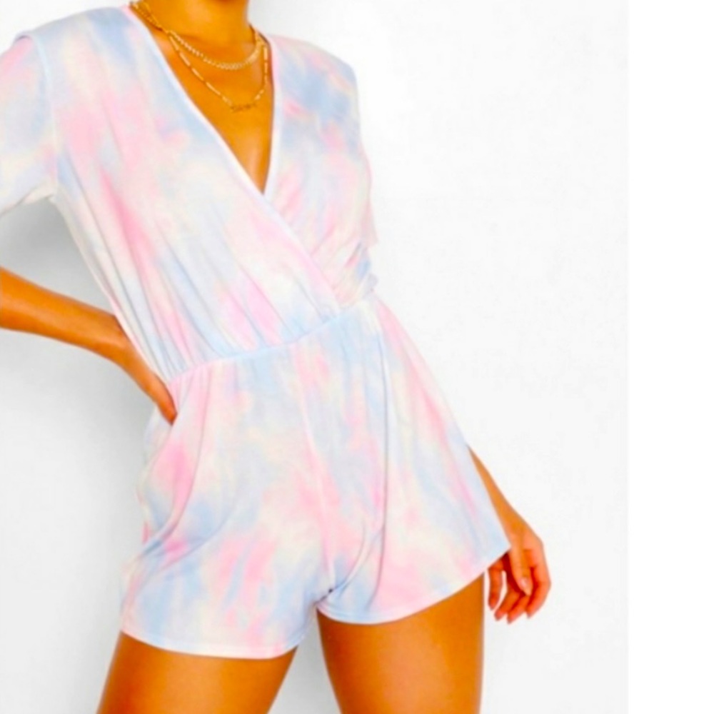 boohoo romper 6 short sleeve tie dye pastel blue pink white surplice v neck